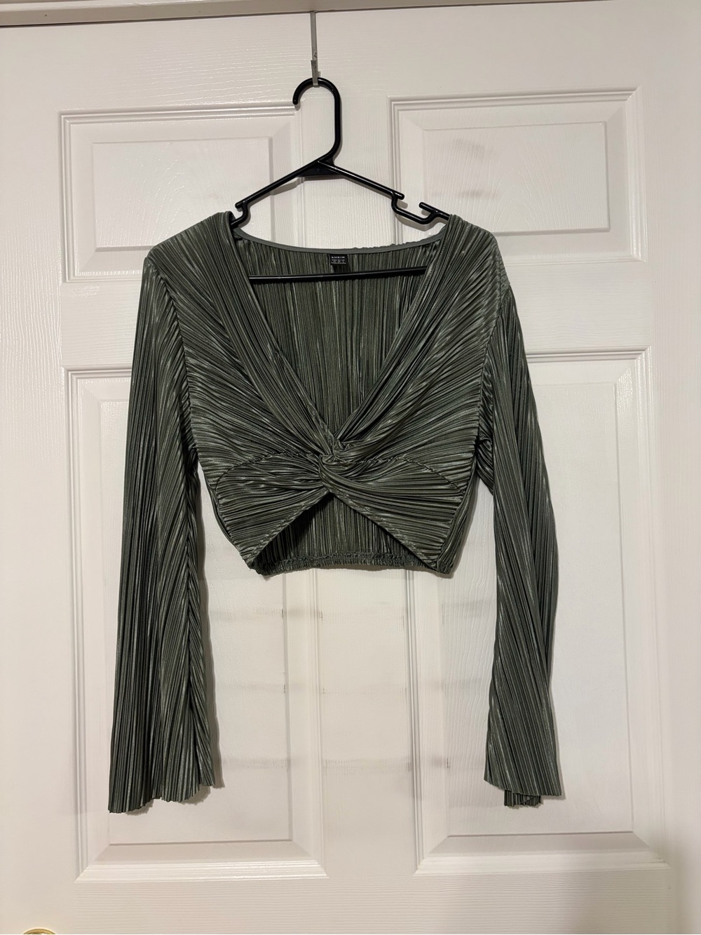 Pleated Twist-Front Bell Sleeve Crop Top